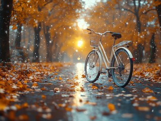 Fototapeta premium Autumnal bike ride, leaves, rain, sunset