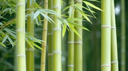 Green Bamboo Stalks Surrounded by Lush Foliage in a Serene Natural Environment for Tranquility and Calm