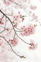 Obraz premium Pink cherry blossoms on a white background, featuring delicate sakura branches. (Flower)