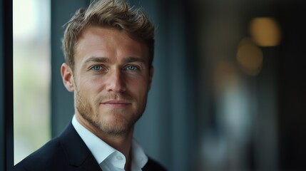 Fototapeta premium Young businessman exuding confidence in formal attire, embodying professionalism and determination.
