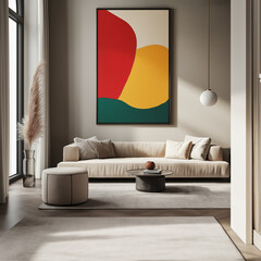 Modern Art Living Room, Neutral and Primary Colors, Representing Contemporary Interior Design