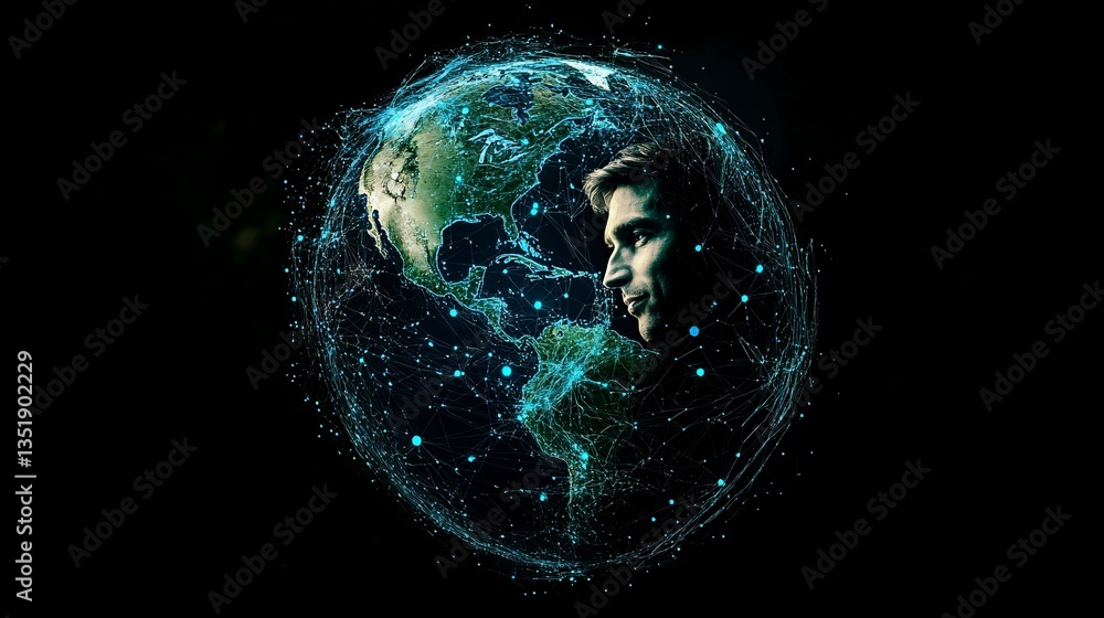 Poster global connection concept with a man's face inside a networked earth globe