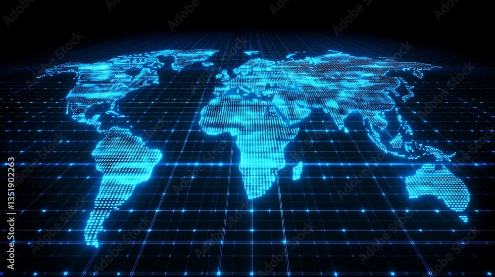 Poster digital world map glowing blue points on grid background technology and innovation