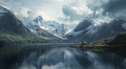 Fototapeta premium Serene Fjord, Mountain Cabin, Cloudy Sky, Reflection, Travel