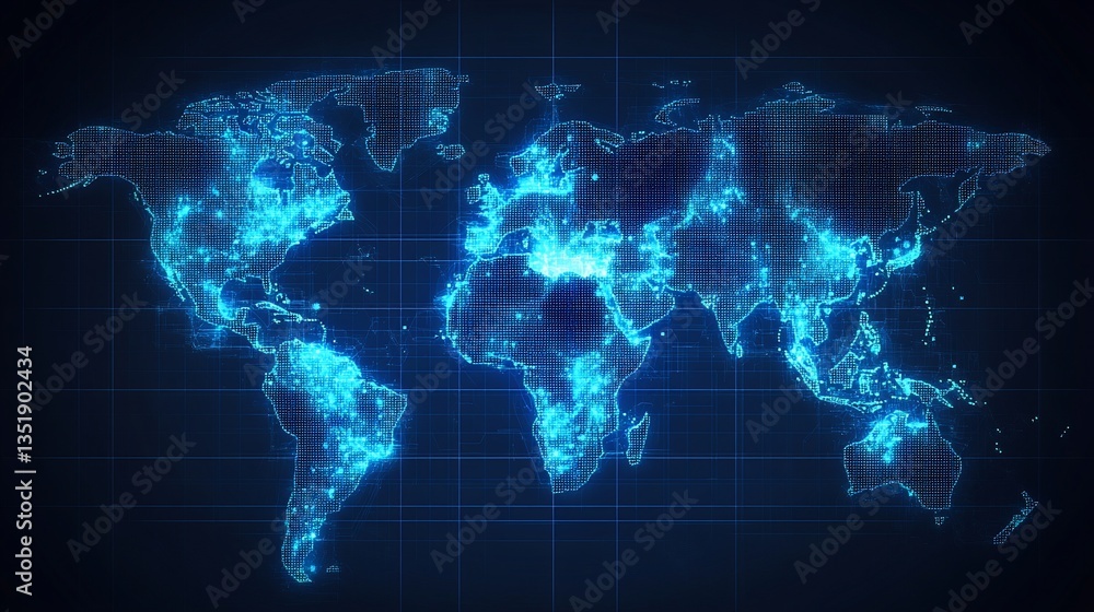Poster a luminous digital world map on a dark blue background with grid overlay