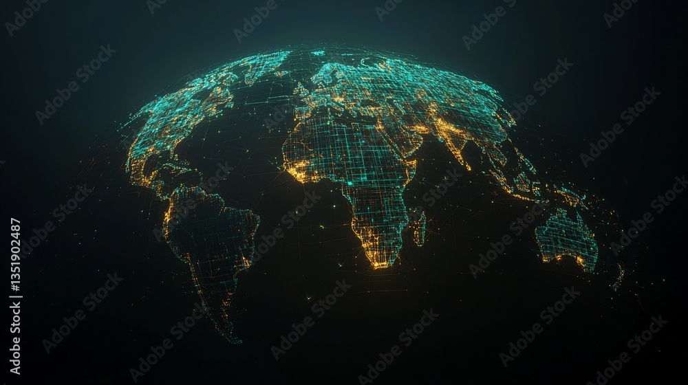 Poster global connectivity map depicting world continents with glowing network lines and points