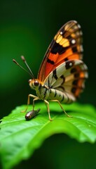 Obraz premium Close-up of a Tawny Rajah butterfly on a green leaf, caterpillar visible nearby, exotic, proboscis, butterfly