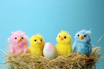 Naklejka premium Colorful chicks and easter egg in a nest