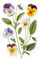 Obraz premium Colorful Viola Pansy Flower Collection Isolated on White, Spring Blooms and Leaves 