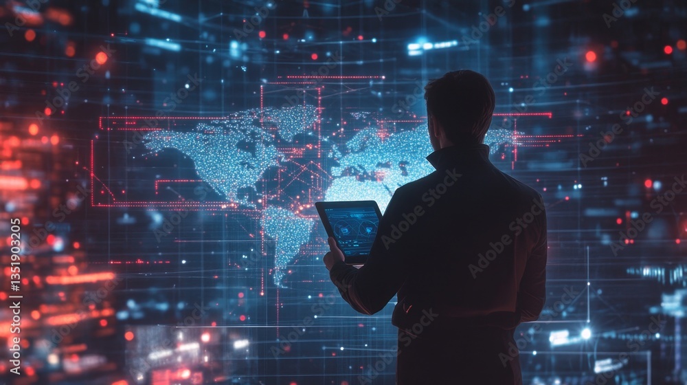Aufkleber man holding a tablet with a virtual interface showing global business connections, glowing lines and