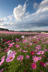 Expansive field of cosmos flowers in full bloom. (Flower)