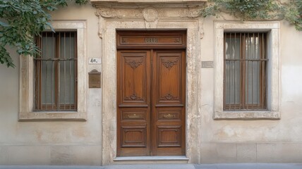 Ornate Wooden Door on Beige Stucco Building