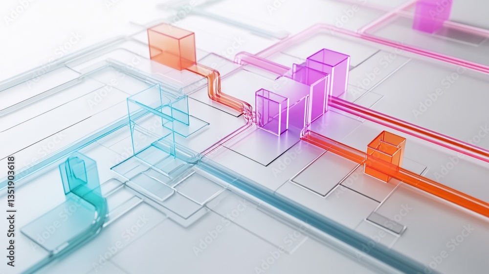 Poster abstract geometric network with transparent cubes and colorful tubes on a white surface