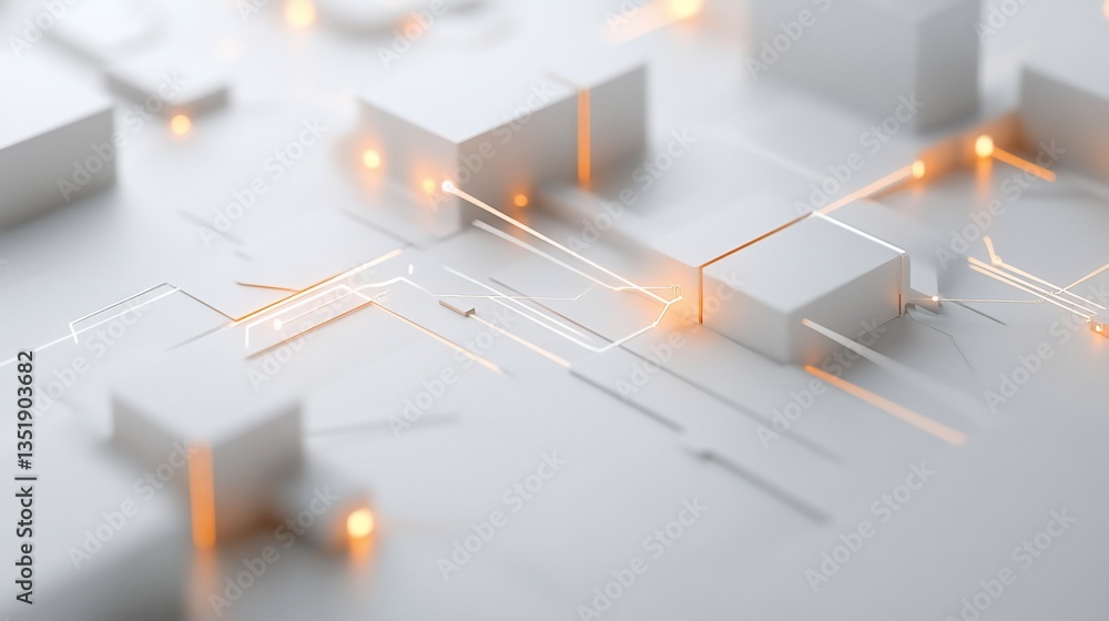 Aufkleber abstract 3d render with white cubes and glowing orange lines in a clean and modern layout