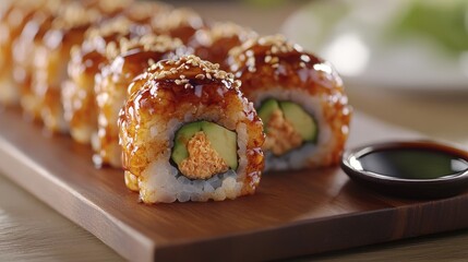 A close-up of a dragon roll sushi with eel and avocado, garnished with sesame seeds on a wooden platter beside a small dish of soy sauce