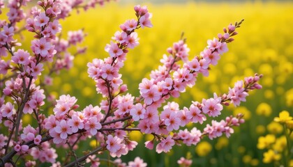 Obraz premium Blooming cherry blossoms in a yellow field nature photography sunrise peaceful scene
