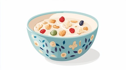 Bowl of Muesli with Fruit and Nuts in a Decorated Blue Bowl on a White Background