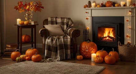 Obraz premium Cozy Autumn Interior with Pumpkins Fireplace and Armchair Decoration