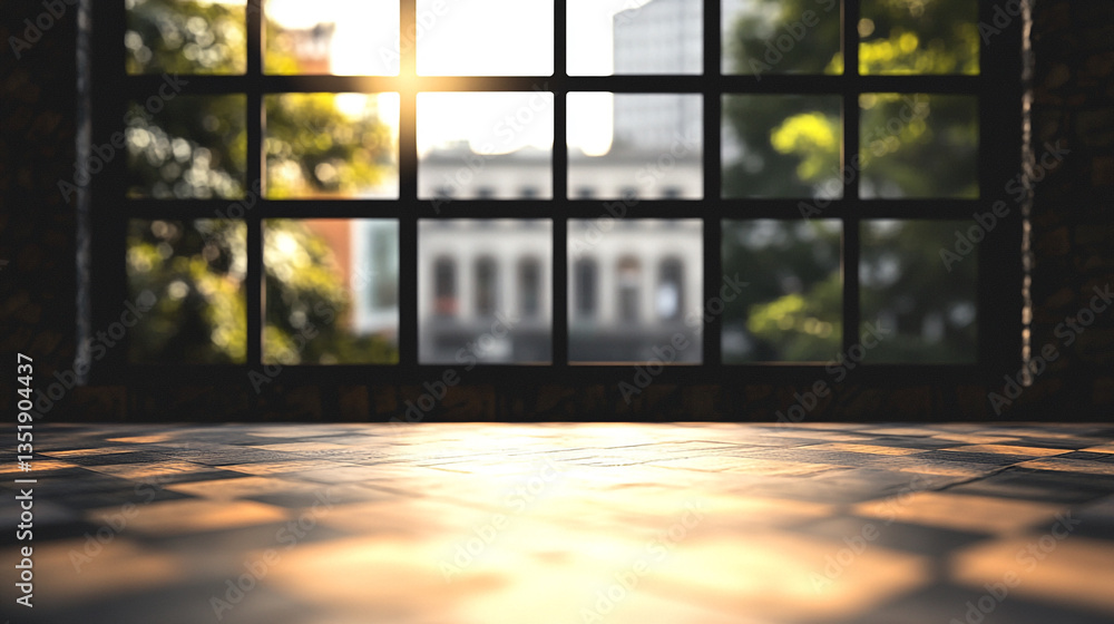 Aufkleber sunlight streaming through a window with a checkered floor and blurred city view outside the window