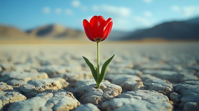 A single red flower is growing in the middle of a rocky desert - Powered by Adobe