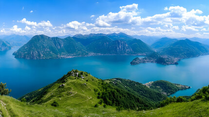 Panoramic view of Lake Maggiore, Italy, from a mountaintop, showing lush green hills and blue waters under a sunny sky; perfect for travel brochures