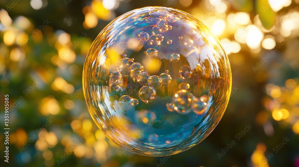 Poster a close-up shot of a large soap bubble with many smaller bubbles inside, illuminated by warm sunligh