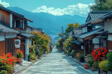 Fototapeta premium Charming street, traditional houses, mountain backdrop