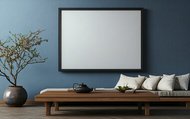 Modern interior design of a living room with a sofa and wooden coffee table near a wall mock-up frame for artwork, against a blue-gray color background. 3D rendering. Scandinavian home decor concept. 