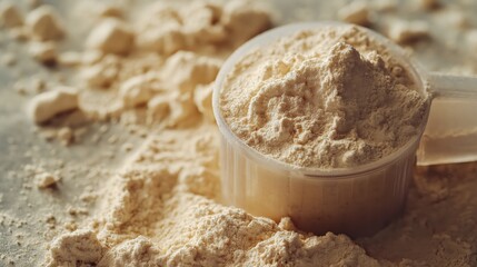 Fototapeta premium A close-up of a plastic measuring scoop filled with light brown protein powder, resting on a surface covered with the same powder