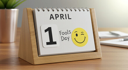 April 1st Fools' Day desk calendar, humorous, representing pranks and celebrations, on a wooden surface