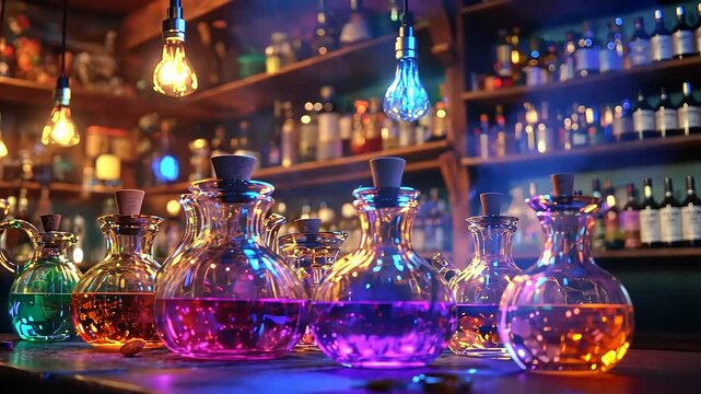Colorful glass potion bottles illuminated in a cozy bar with a lively background shelf