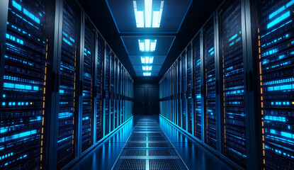 Fototapeta premium A high-tech data center with rows of black and blue server cabinets