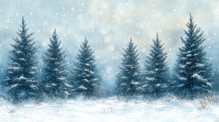 Obraz premium Snowy forest winter scene; snowfall background