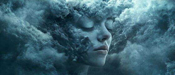 A woman's face is shown in a cloud of mist
