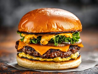 Juicy Cheeseburger on Rustic Table.