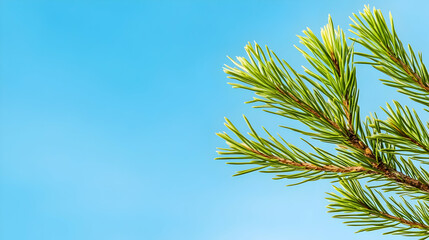 Fototapeta premium Pine branch against blue sky, nature background, spring freshness, website banner