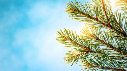 Fototapeta premium Pine tree branches against a bright blue sky, sunlight shining through needles. Perfect for nature, holiday, or environmental themes
