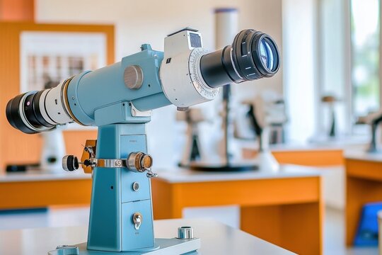 A scientific instrument, possibly a spectroscope or specialized telescope, sits on a lab bench.  Other scientific equipment is blurred in the background.