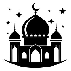 Minimalist Black and White Mosque Silhouette with Crescent Moon and Stars – Eid and Ramadan Night Illustration Download 2025
