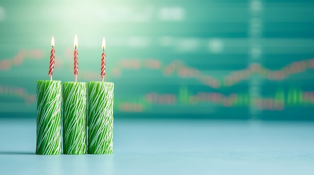 Three green candles with lit red swirls on a blue surface, against a blurred teal stock market graph background - Powered by Adobe