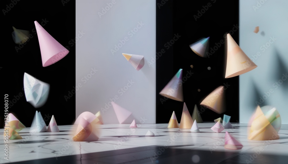 Poster dynamic floating geometric shapes in modern art installation contemporary gallery visual art minimal