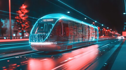 Futuristic Transparent Train, Speeding Through Neon City at Night