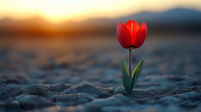A red flower is standing on a rocky surface