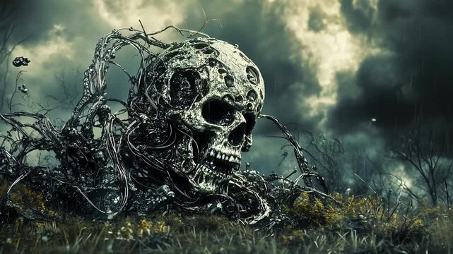 Gothic Skull Illustration with Floral Elements for Halloween Design