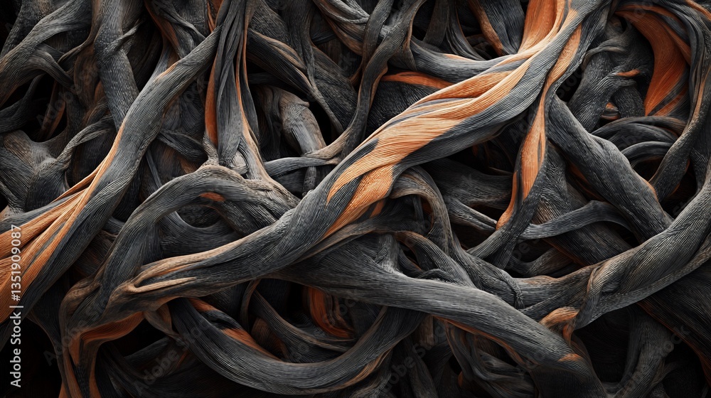Poster abstract tangle of dark gray and orange organic lines creating an intricate pattern