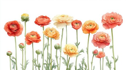 Fototapeta premium Watercolor botanical illustration of multiple ranunculus flowers in various colors and arrangements