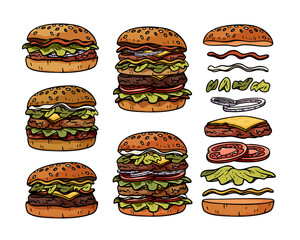 Colorful illustration of tasty burgers and ingredients in layers on a white background, isolated vector clipart 