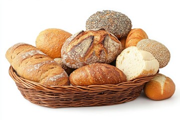 A woven basket filled with an assortment of freshly baked breads on a white background