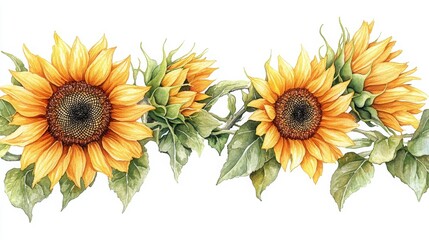 Naklejka premium Watercolor painting of sunflowers with botanical details in a vibrant and colorful illustration