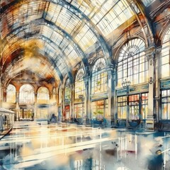 Fototapeta premium Majestic Union Station Train Station Interior Watercolor Art Illustration